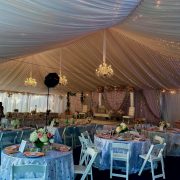 White Taffeta Tent Liner with Chandelier and Twinkle Lighting