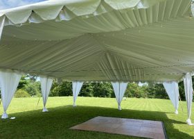 30X40 WHITE FRAME TENT WITH LINER + LEG DRAPES + SWAGGED EDISON LIGHTS - 12X12 DANCE FLOOR