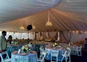 White Taffeta Tent Liner with Chandelier and Twinkle Lighting