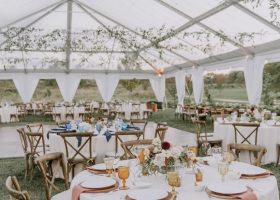 CLEAR STRUCTURE TENT WITH TWINKLE LIGHTS + UPLIGHTS AND LEG DRAPES