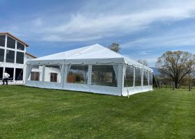 EXTERIOR WHITE STRUCTURE TENT WITH CLEAR WALLS