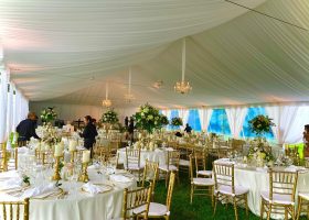 White Taffeta Tent Liner with Leg Drapes and Crystal Chandeliers
