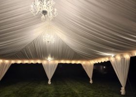 White Taffeta Tent Liner with Leg Drapes and Crystal Chandeliers2