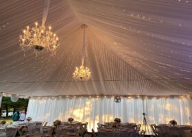 White Taffeta Tent Liner with Chandelier and Twinkle Lighting